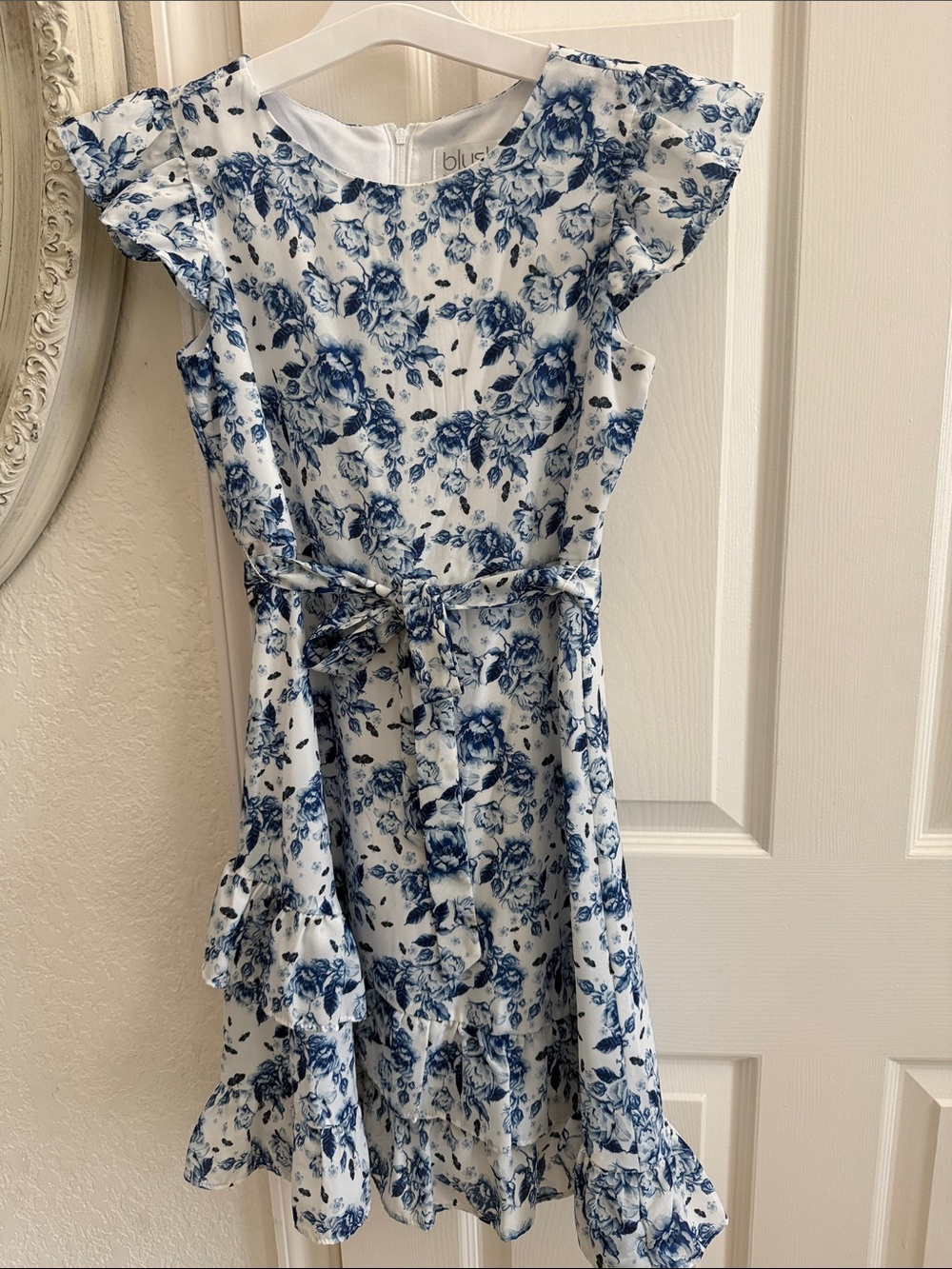 Blue Floral Ruffle Belted Girls Dress by